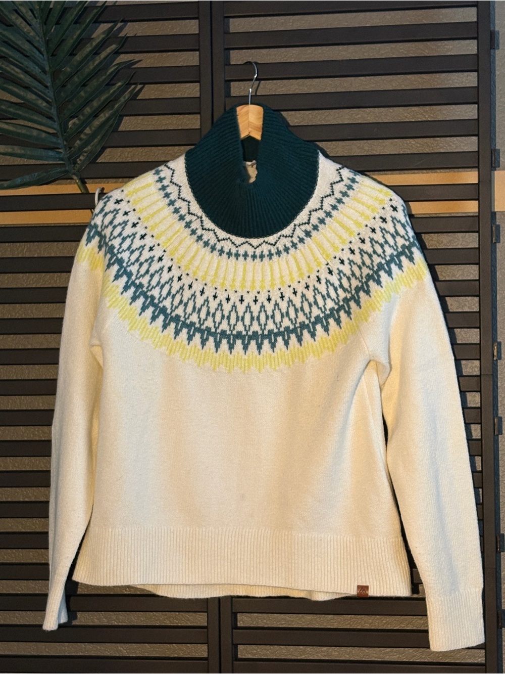 Alpine Design Cream Fair Isle Turtleneck Sweater with Dark Green and Yellow